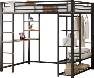 Produktbild von Hochbett mit Schreibtisch und Regal, 140x200 cm, Metallbett mit Lattenrost und Rausfallschutz, Jugendbett