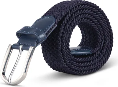 A coiled dark blue braided belt with a silver buckle and dark blue leather accents.
