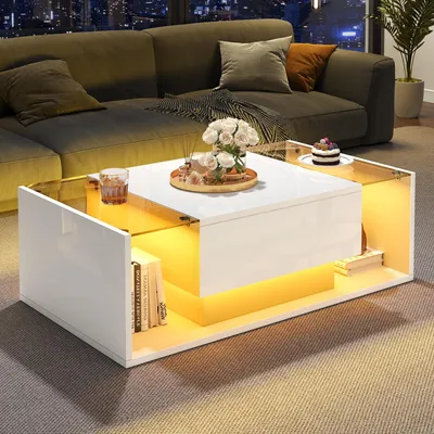 Image de MODFU Table Basse Moderne - Table de Salon Blanche avec 1 Tiroir et LED, MDF + Verre Trempé, 100x50x31 cm