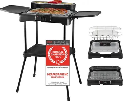 Produktbild von TZS First Austria Standgrill | 2000 W Elektrogrill mit Temperaturregler & Wärmereflektor | Gartengrill mit Standfüßen | Grillfläche [45cm x 22cm] inkl. Windfang | Barbecue Elektrisch Tischgrill