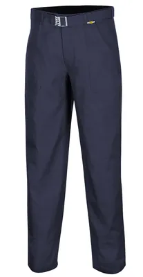 A pair of navy blue work pants is shown against a white background.