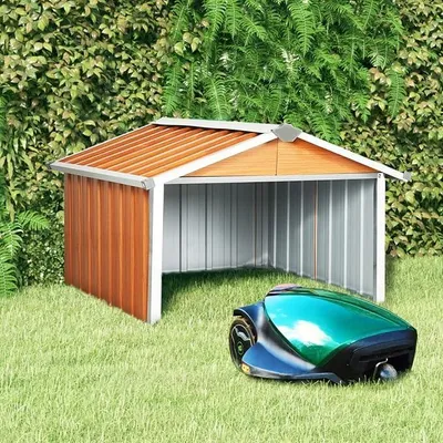 Image de Abri pour tondeuse, abri pour robot de tonte, garage pour robot de tonte, protection pour robot de tonte, abri de protection, maison pour robot de tonte, dimensions : 92x97x63 cm, acier galvanisé, couleur marron