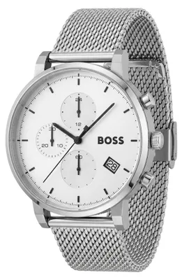 Imagen del producto de Reloj cronógrafo de cuarzo para hombre, marca BOSS, con correa de malla de acero inoxidable plateado - modelo 1513933