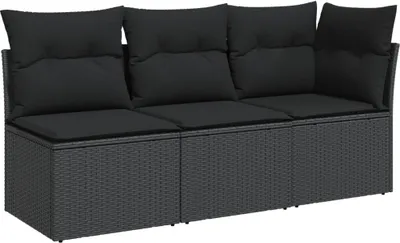 Produktbild von vidaXL Gartensofa mit Kissen 3-Sitzer Schwarz Poly Rattan