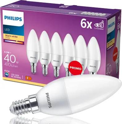 Obrázek produktu pro Philips 6× svíčka 40 W B35 E14, 5,5 W, 40 W, E14, 470 lm, 15000 h, Teplá bílá