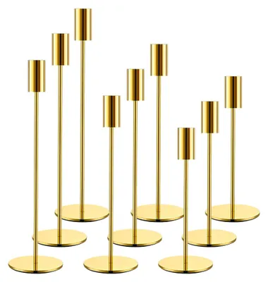 Produktbild von Kerzenständer Set 9 Stück, Goldene Kerzenhalter, 32/27/22 cm Stabkerzenhalter, Elegante Vintage Deko für Kerzenlicht-Dinner, Wohnkultur, Hochzeiten, Schrankdekoration