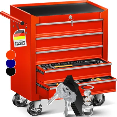 A red tool chest with multiple drawers, a handle, wheels, and a key lock. It is shown on a white background with some additional items like keys and a bearing assembly in the foreground.