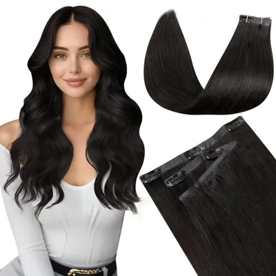 Immagine prodotto di Estensioni per capelli a clip, capelli veri, neri, lisci, Remy, 7 pezzi, 35 cm, 100g, colore #1B, senza cuciture