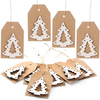 Produktbild von 10 Kraftpapieranhänger zum Beschriften mit glitzerndem Tannenbaum braun weiß