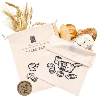 Immagine prodotto di Set di 2 sacchetti riutilizzabili in cotone per il pane, con coulisse