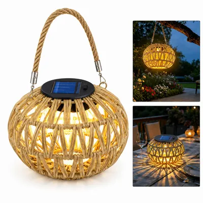 Produktbild von Solar Gartenlampe Boho Stil, handgewebte Rattan Solar Laterne Outdoor, IP65 wasserdicht, warmweißes Garten Deko Licht für Terrasse & Balkon