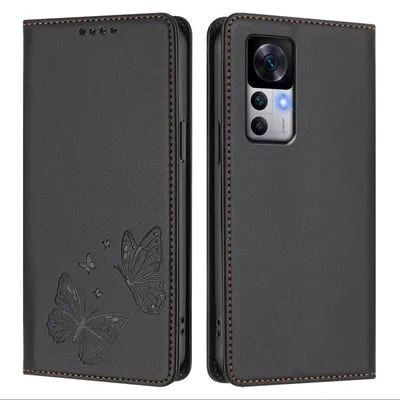 Obrázek produktu pro Kožené pouzdro pro Xiaomi 12T /Xiaomi 12T Pro, motýlí ražbou, peněženkové flip pouzdro se stojánkem Černá