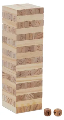 Image de Relaxdays Tour à empiler, 51 blocs en bois numérotés, dés, dimensions 26 x 7,5 x 7,5 cm, jeu de tour en bois, jeu d'adresse, couleur naturelle