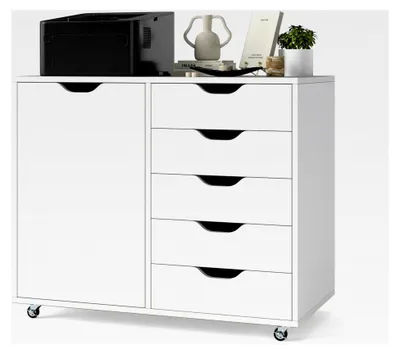 Produktbild von Mobiler Aktenschrank, Rollcontainer mit 5 Schubladen und Schrankfach, Schreibtischunterschrank für Büro und Wohnzimmer, 79 x 39 x 65 cm (Weiß)