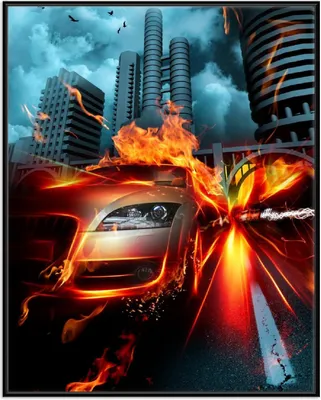 Produktbild von Wallario Wandbild Brennendes  fahrendes Auto, Größe: 40,30 x 50,30 cm, Poster mit schwarzem Aluminiumrahmen