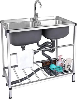 Produktbild von Freistehende Küchenspüle aus Edelstahl, Doppelbeckenspüle mit heißem und kaltem Wasserhahn, Spülbecken für den Außenbereich, Waschküche
