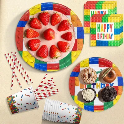 Produktbild von Partygeschirr für Kindergeburtstag - 101 Teile - Pappteller - Geburtstagsfeier - Teller-Set - mit Pappbechern - Servietten - Tischdecken - Papierstrohhalme - für Mädchen und Jungen
