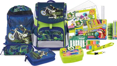 Produktbild von JOLLY Schultaschenset – Ergonomic Flexi, 46-Teilig, inkl. Turnbeutel,Schüttelpennal und Federpennal, höhenverstellb. Rücken mit Push-System, Motocross