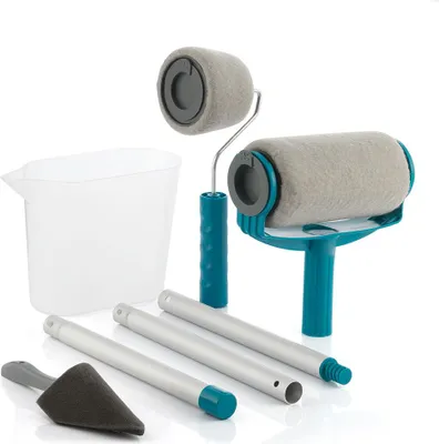 A set of painting tools, including paint rollers, extension poles, and a measuring cup, arranged on a white background.