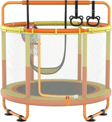 Produktbild von Kindertrampolin, Trampolin für Kinder,Indoor Trampoline Kinder?mit Basketballkorb, Schaukel, Zugring, geeignet für Innen- und Außenbereich(gelb-orange)