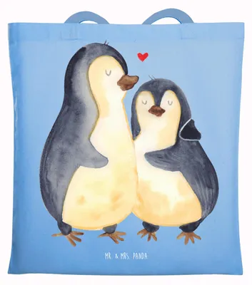 Produktbild von Mr. & Mrs. Panda Tote Bag Pinguin umarmen - Sky Blue - Geschenk, Laptoptasche, Stoffbeutel, Shopping Tasche, Liebe, Schultasche, Umarmung Verliebt, Jutebeutel, Verknallt
