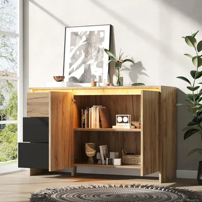 Produktbild von okwish Sideboard,Stauraumschrank mit 3 Schubladen und 2 Türen,Kommode mit Mehrfarbige LED-Lichteffekte,für Wohnzimmer und Esszimmer,Natur+Schwarz