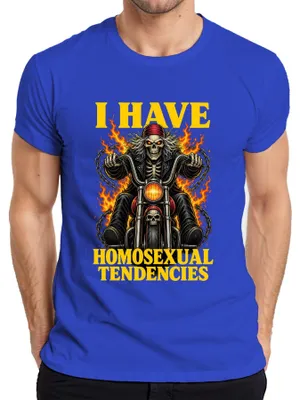 Obrázek produktu pro Tričko s potiskem "HOMOUÁLNÍ TENDENCE", motiv "Biker Skelett", s nápisem "Statement" a sarkastickým podtónem, pánské, modré, velikost XL