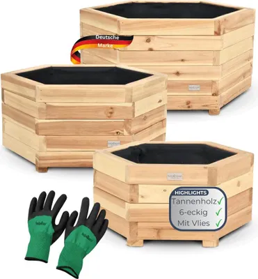 Produktbild von 3er Set Pflanzkasten Holz 6-eckig MICHA - Inkl. Vlies und Handschuhe | Pflanzkübel Tannenholz Blumenkasten Blumenkübel Blumentopf Terrasse
