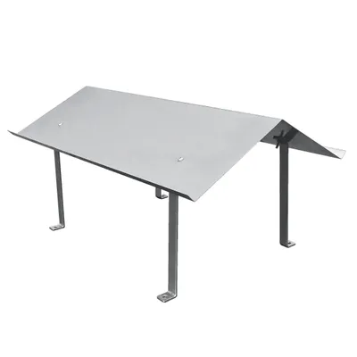 A stainless steel chimney cap with a sloped roof and four legs, shown against a white background.