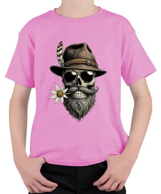 Immagine prodotto di Teschio, barba, edelweiss, cappello tradizionale, , pantaloni di pelle, abito tradizionale, maglietta per bambini, rosa, taglia 128
