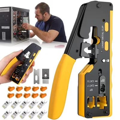 Obrázek produktu pro Sada krimpovacích kleští RJ45, včetně kleští pro průchozí zapojení kabelů Ethernet, určená pro kabely Cat7, Cat6A, Cat6, Cat5e, Cat5