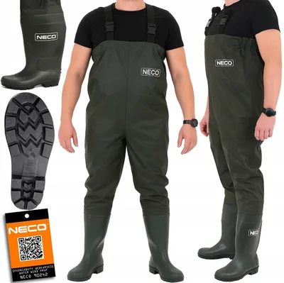 Zdjęcie produktu dla NECO spodniobuty wędkarskie R42 – wodery PVC WATER WIND PROF, wodoodporne z butami i szelkami, oliwkowe
