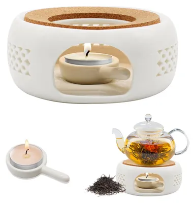 Obrázek produktu pro Ohřívač čaje Stolní svíčka porcelán - Bílá - S korkovým podtácem - Na udržování čaje teplého