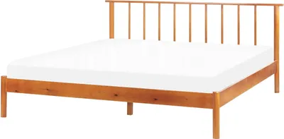 Produktbild von BELIANI Bett Hellbraun Kiefernholz mit Lattenrost 160 x 200 cm Hohes Kopfteil Lamellenoptik Modern Skandi Design Schlafzimmer Ausstattung Möbel