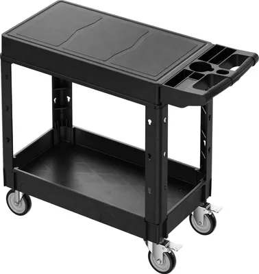 A black utility cart with two shelves and wheels, shown from a three-quarter angle against a white background.