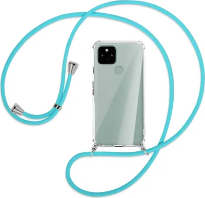 Produktbild von Handykette Backcover-Schutzhülle mit Band (Metall silberfarben) für Google Pixel 5 - türkis