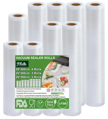 Immagine prodotto di Rotolo sacchetti sottovuoto - 20, 25 e 28 cm x 300 cm - Senza BPA - Riutilizzabile - 9 rotoli