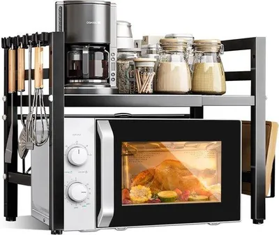 Immagine prodotto di Allecto Plus - Scaffale per microonde allungabile Scaffale da cucina regolabile e salvaspazio a due livelli, porta microonde con 6 ganci (40-64 cm) - Organizzatore da cucina con spazio aggiuntivo