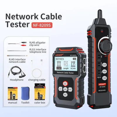 Zdjęcie produktu dla Wykrywacz kabli i tester kabli sieciowych – NF-8209S – wyświetlacz LCD – tester PoE – Cat5/Cat6 – pomiar długości – schemat połączeń – w zestawie bateria