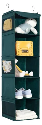 Produktbild von Hängeregal, Hängeaufbewahrung mit 5 Fächern, Hängeorganizer mit Metallhaken, Kleiderschrank- und Camping-Organizer, 30 x 30 x 108 cm, dunkelgrün