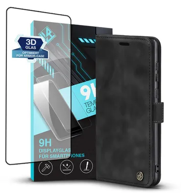 Produktbild von Handy Hülle für Samsung Galaxy S24 Ultra mit 9H Displayglas Klapphülle Bookcase Flip Cover Handy Tasche Etui Farbe: Schwarz