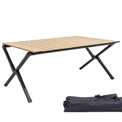 Produktbild von Grafner Campingtisch klappbar 89x58x43cm Holzoptik niedrige Ausführung, kleines Packmaß mit Tasche, stabil und tragbar, bis 50 kg, Kohlenstoffstahl, Rolltisch Klapptisch Picknick Tisch Holz