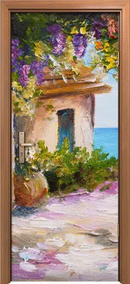 Produktbild von Türposter 80x200 cm Türaufkleber Türtapete Türfolie Klebefolie Blumig Haus am Meer bunt Blumen Sommer