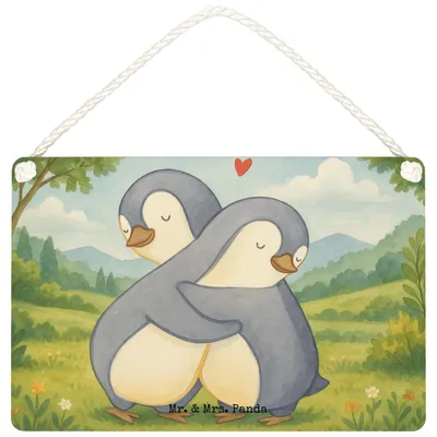 Produktbild von Mr. & Mrs. Panda Deko Schild Pinguine Kuscheln Design DIN A6 - Weiß - Geschenk, Freundin, kleine aufmerksamkeit, Jahrestag, Valentinstag, Mitbringsel, Türschild, holzbild