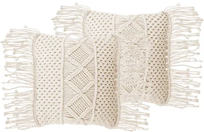 Obrázek produktu pro BELIANI Sada 2 kusů dekorativních polštářů béžová bavlny s makramé 40 x 45 cm s třásněmi boho retro styl