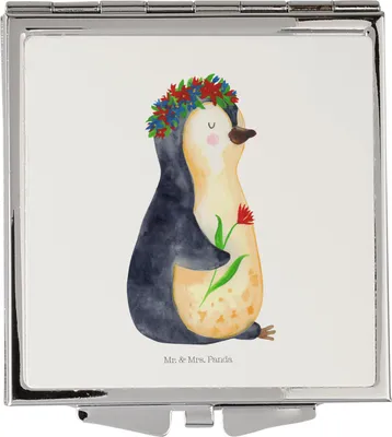 Produktbild von Mr. & Mrs. Panda Handspiegel Pinguin Blumen - Weiß - Geschenk, Kleiner Spiegel, Motivation, Taschenspiegel, Blumenliebe, Frauen, Blumenkranz, Kosmetikspiegel, Selbstliebe