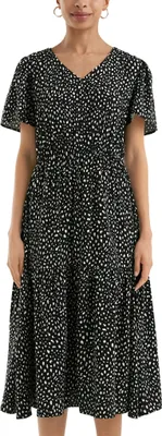 Produktbild von s.Oliver Kleid aus Viskose, Midi-Länge, mit All-over-Print, V-Ausschnitt und Puffärmeln