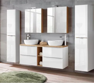 Produktbild von Badmöbel Set mit Doppel-Waschbecken inkl. 2 Keramik-Aufsatzbecken TOSKANA-56 Hochglanz weiß/Wotaneiche BxHxT ca. 250/190/46cm