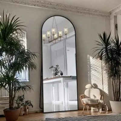 Produktbild von CDGlobal Bogen Ganzkörperspiegel, 53 x 162 cm Gewölbter Standspiegel Groß in voller Länge, an der Wand montiert, lehnend, Bodenspiegel Ganzkörper als Ankleide Eitelkeitsspiegel für Wohnzimmer, Schwarz