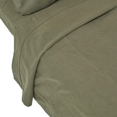 Image de HOMESCAPES Drap de lit en lin vert olive,270 x 300 cm